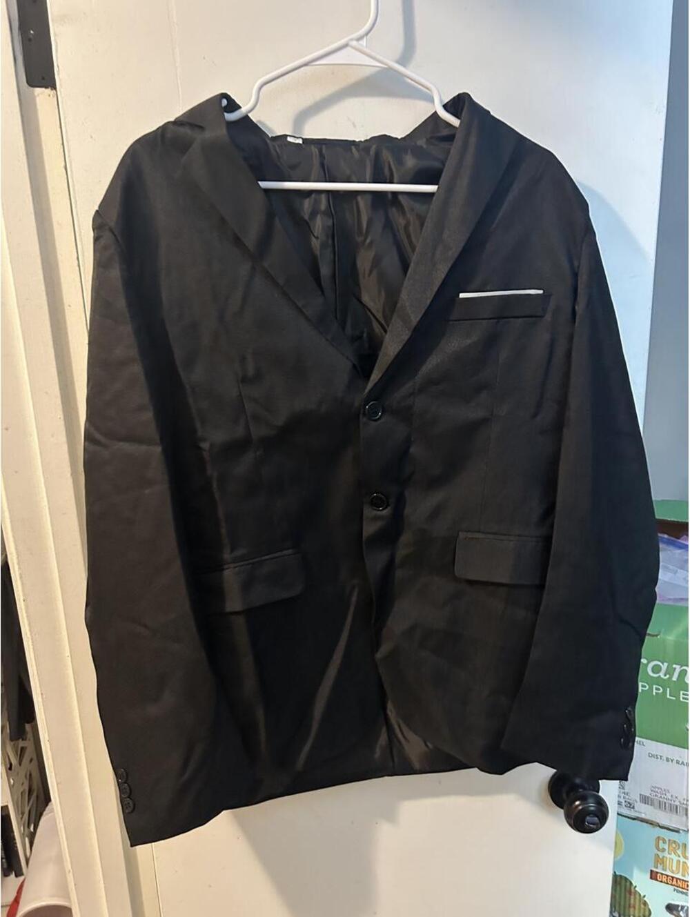 Black satin blazer with satin lapels and pockets, size XL